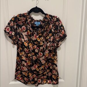 CeCe Black Floral Blouse with Ruffle Sleeves